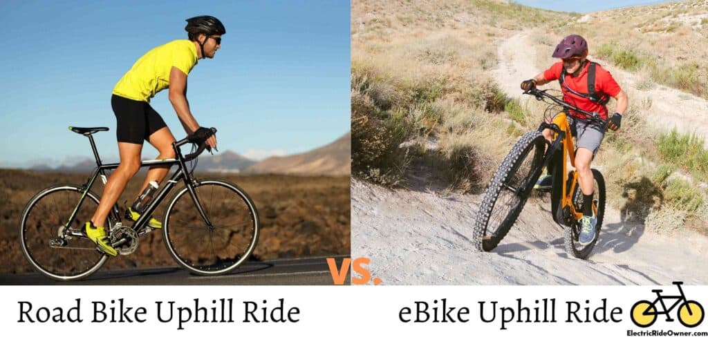 e-bike and road bike going uphill