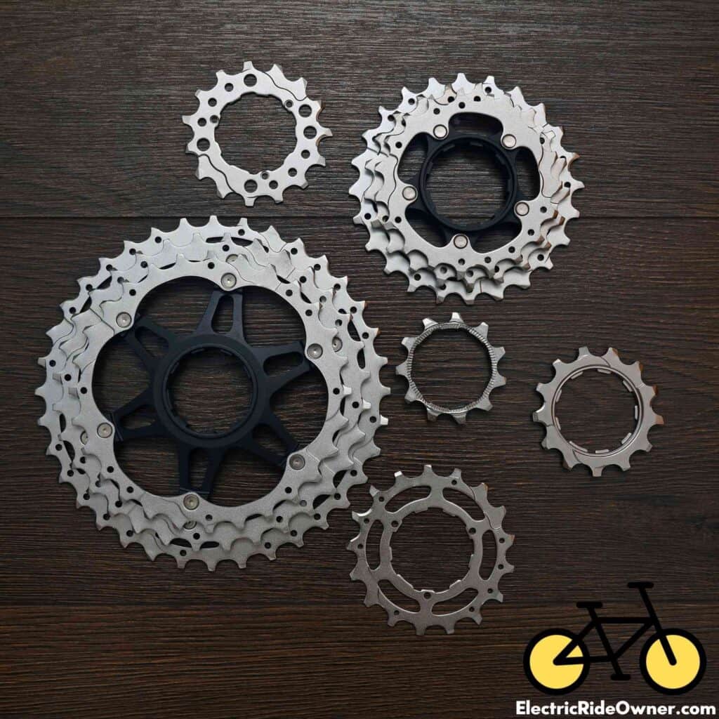 Bike gears laid out on a table separated