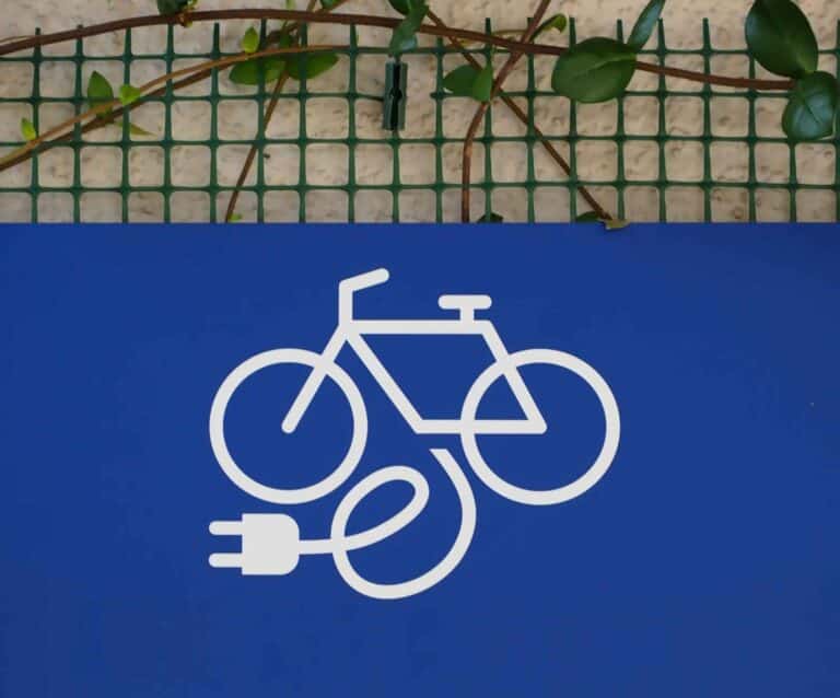 blue ebike charging station sign on a wall with a green wire grid and ivy in background (1)