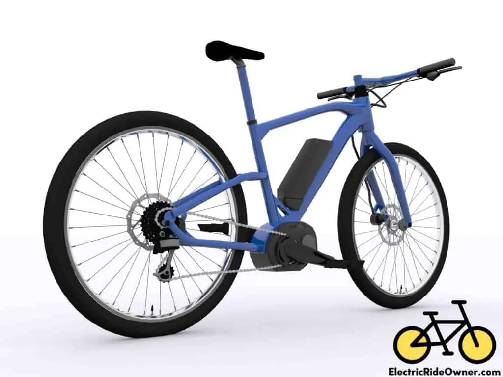 ebike with blue frame on white background with mid-drive motor
