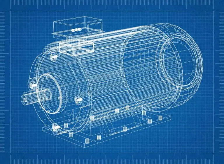 blueprint of a motor sketched in white on blue rulerboard background